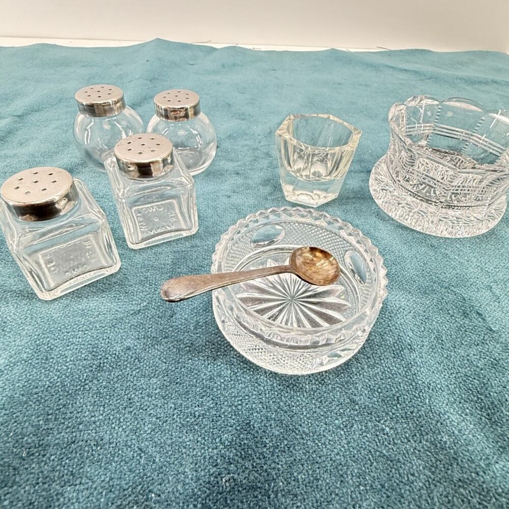 Vintage Crystal Condiment Set Salt Pepper Cellars Spoon Toothpick Holder 2.5"
